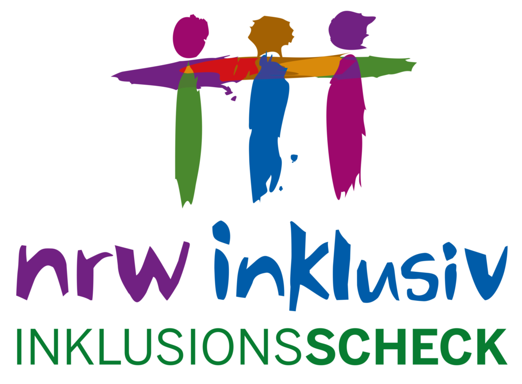 Logo nrw inklusiv mit Inklusionscheck: drei farbige Figuren nebeneinander