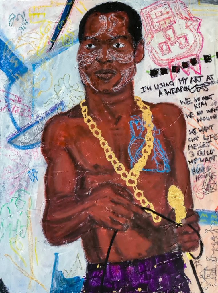 Ein Gemälde: Fela Kuti mit Goldeber Kette