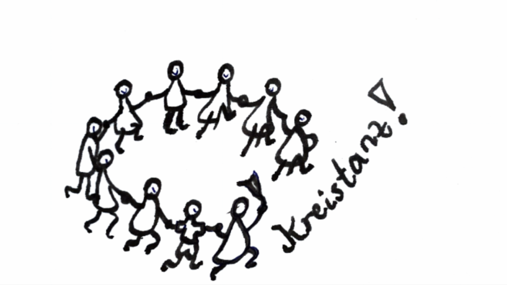 Zeichnung von Strichmännchen, die im Kreis tanzen