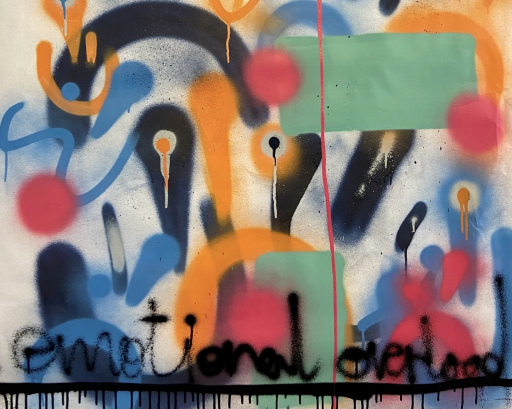 Auf einem bunten Bild mit Smileys und anderen Formen steht unten "emotional overload"